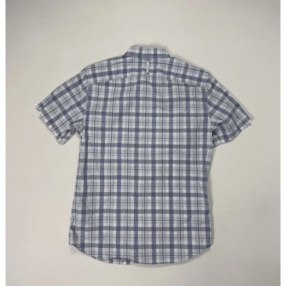 Banana Republic Grant Slim Fit Luxe Stretch Poplin Mens Medium Blue Plaid Shirt